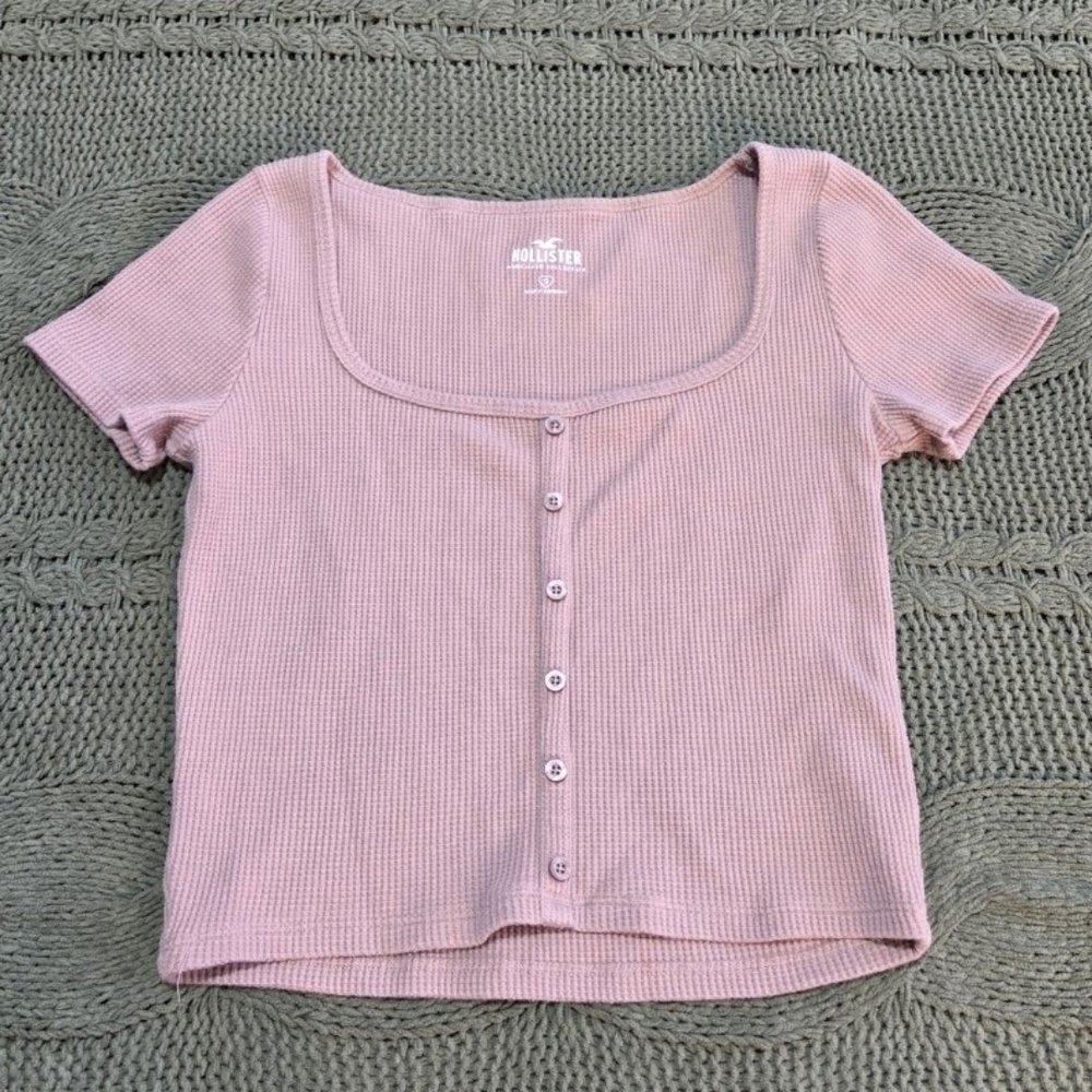 Hollister Baby Tee Crop Top Button Waffle Knit Square Neck Light Brown